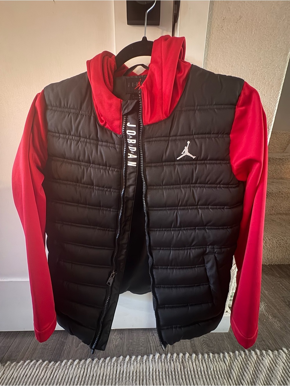 Nike Jordan  boys Black Puffer jacket with Red Sleeves and Hood